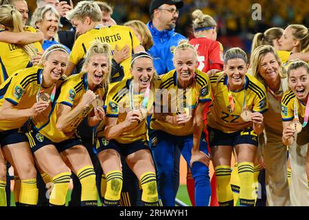 Brisbane, Australien. August 2023. Schweden feiert bei der Verleihung des dritten Platzes der FIFA Frauen-Weltmeisterschaft 2023 in Brisbane, Australien, am 19. August 2023. Quelle: Li Yibo/Xinhua/Alamy Live News Stockfoto