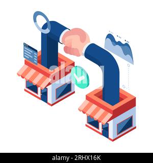 Flacher 3D-Geschäftsabschluss zwischen Geschäften. B2B- oder Business-to-Business-Marketingkonzept. Stock Vektor