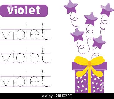 Spur und schreibe das Wort Violett. Farben lernen mit Geschenkbox und Ballons. Arbeitsblätter für Kinder. Stock Vektor