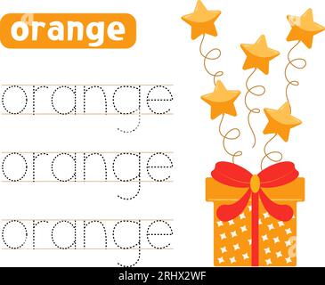 Verfolgen und schreiben Sie das Wort orange. Handschriftpraxis. Farben lernen. Mit Geschenkbox und Ballons. Arbeitsblätter für Kinder. Stock Vektor