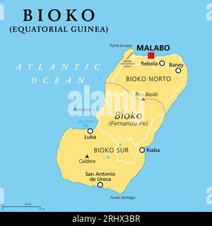 Bioko, Insel vor der Küste Afrikas, politische Landkarte. Historisch gesehen Fernando Po, der nördlichste Teil Äquatorialguineas, mit der Hauptstadt Malabo. Stockfoto