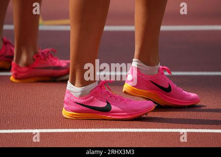 Budapest, Ungarn. August 2023. Athletics: World Championship, 1500 m, Frauen, Vorhitze, im National Athletics Center. Die Teilnehmer tragen pinkfarbene Laufschuhe. Quelle: Marcus Brandt/dpa/Alamy Live News Stockfoto