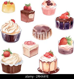 Set aus verschiedenen Pudding mit Sahne und Beeren. Aquarellzeichnung von Hand. Stock Vektor
