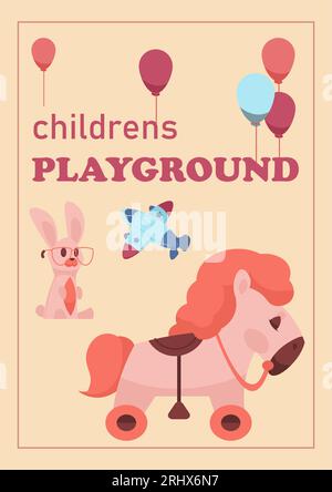 Niedliches Spielzeug. Zeichentrickspielzeug für Kinder. Bunte Ballons und Plüschtiere. Kinderflugzeug. Spielplatzbanner. Zartrosafarbenes Kaninchen und Pferd. Kinderzimmer Stock Vektor