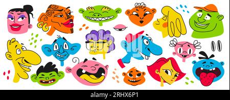 Skurrile Zeichen. Kritzeln Sie verrückte Avatare, kritzeln Sie von Hand gezeichnete hässliche Kinder, lustige bizarre Männer und Frauen. Party dekorative Retro-Aufkleber, fröhliche helle Mas Stock Vektor