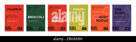 Poster mit minimalem Essen. Gemüseetikett, abstrakte, einfache herbstliche Trendvitamine, vegane Ikonen. Flyer für Lebensmittel helles, einfaches Design. Bio-Produkte pumpki Stock Vektor