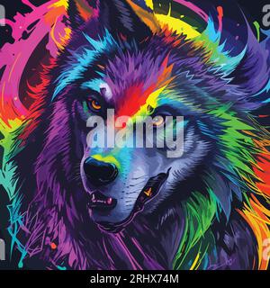 Sticker von Wolf in abstrakten, grafischen Highlightern Linien Regenbogen ultrahelle Neon künstlerische Porträt, kommerzielle, redaktionelle dunkle Hintergrund Stock Vektor