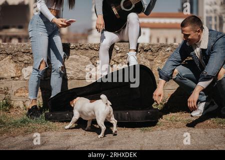 Drei Freunde haben Spaß mit dem kleinen Hund im Park Stockfoto
