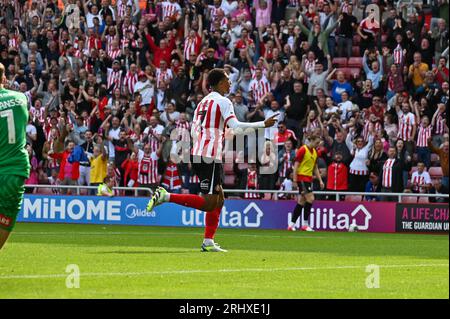 Sunderland, Großbritannien. August 2023. Jobe Bellingham von Sunderland AFC feiert, nachdem er das Siegtor gegen Rotherham United erzielt hat. Quelle: Chris Fryatt/Alamy Live News Stockfoto