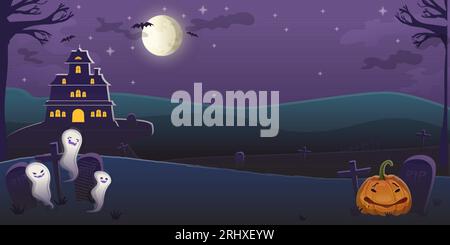 Halloween lila Hintergrund mit Nachtmond, mit Burg, Geistern und Kürbis, Gräber. Stock Vektor
