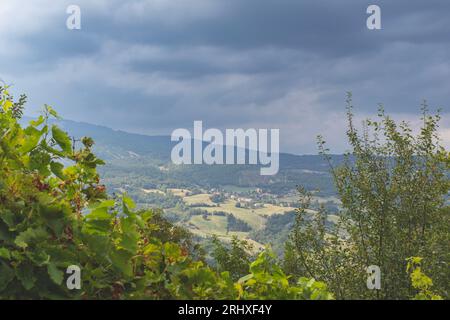 Blick aus dem Hochwinkel auf einen ankommenden Sommerregen im toskanischen Emilian Apennin, Italien Stockfoto