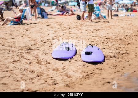 Ein Paar lila aufblasbare Bodyboards am Sandstrand mit einer Erntegruppe, die sich während des Urlaubs an sonnigen Sommertagen entspannen und sonnen kann Stockfoto