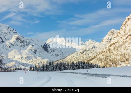Schneebedeckte Bergkette mit Nadelbäumen vor blauem Himmel im Winter in Lappland, Norwegen Stockfoto