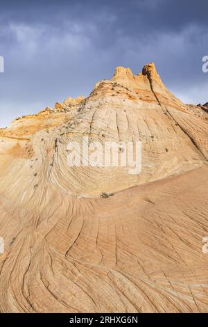 Majestätischer Blick auf die Landschaft der Sandstraße, umgeben von rauen Bergen im Nationalpark in Utah an sonnigen Tagen Stockfoto