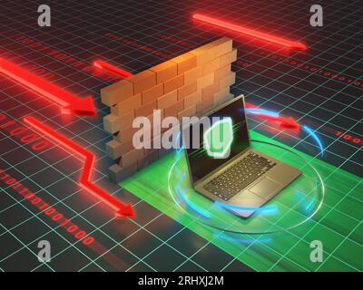 Laptop hinter einer Firewall, geschützt vor Cyberbedrohungen und Online-Angriffen. Digitale Illustration, 3D-Rendering. Stockfoto