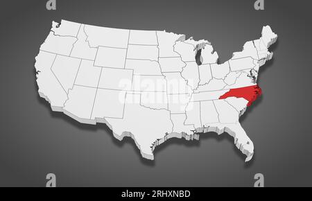Bundesstaat North Carolina wird auf der 3D-Karte der Vereinigten Staaten von Amerika hervorgehoben. 3D-Illustration Stockfoto