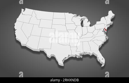 Delaware State wird auf der 3D-Karte der Vereinigten Staaten von Amerika hervorgehoben. 3D-Illustration Stockfoto