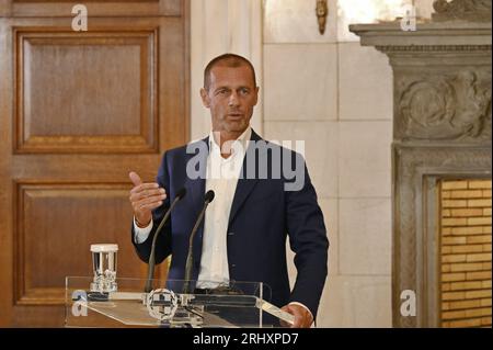 Athen, Griechenland. Aug. 2023. (8/16/2023) Präsident der UEFA Aleksander Cerefin während der Presseerklärungen. In Athen, Griechenland. (Foto: Dimitrios Karvountzis/Pacific Press/SIPA USA) Credit: SIPA USA/Alamy Live News Stockfoto