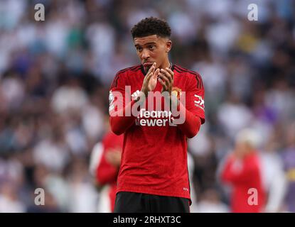 London, Großbritannien. August 2023. Jadon Sancho von Manchester United reagiert nach dem Spiel in der Premier League im Tottenham Hotspur Stadium in London. Das Bild sollte lauten: Paul Terry/Sportimage Credit: Sportimage Ltd/Alamy Live News Stockfoto