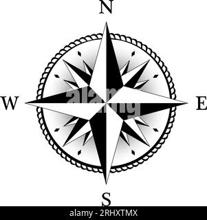 Kompassrose Vektor mit vier Windrichtungen und Schatten in der Mitte. Wind Rose mit abstraktem Kordelrahmen und sechzehn Spike Wind Rose. Stock Vektor