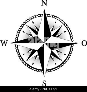 Kompassrosenvektor mit deutscher Ostbeschreibung. Vier Windrichtungen. Navigationssymbol mit abstraktem Kordelrahmen, sechzehn Spike-Windrosen und Schatten Stock Vektor
