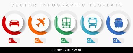 Transportsymbolset, verschiedene Symbole wie Auto, Flugzeug, Zug, Bus und Schiff, flache Vektor-Infografikvorlage, Web-Buttons in 5-Farben-Optik Stock Vektor