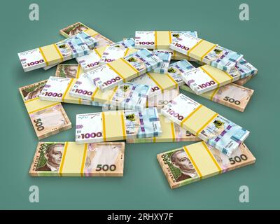 Ein Stapel ukrainischer Geldhirwna (Griwna, Hrywna) mit 1000 Banknoten. Finanzkonzept. 3D-Rendering Stockfoto