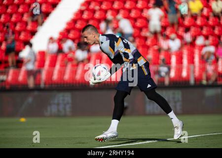 Almeria, Spanien. August 2023. Alaba, 19-08-2023, UD Almeria vs Real Madrid, Liga EA Sport, Campeonato de Primera Diovison, Jornada 2, Estadio Power Horse Stadium. Almeria. Quelle: Pascu Mendez/Alamy Live News Stockfoto