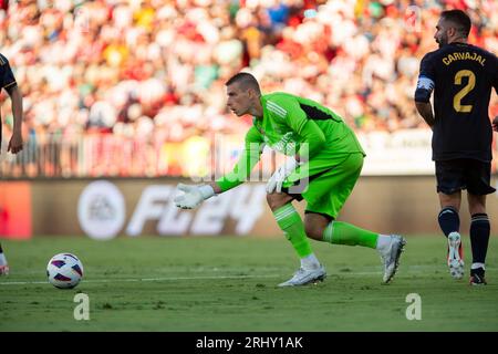 Almeria, Spanien. August 2023. Lunin, 19-08-2023, UD Almeria vs Real Madrid, Liga EA Sport, Campeonato de Primera Diovison, Jornada 2, Estadio Power Horse Stadium. Almeria. Quelle: Pascu Mendez/Alamy Live News Stockfoto