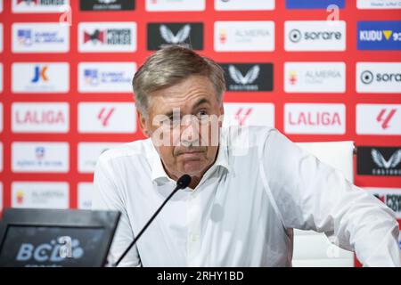 Almeria, Spanien. August 2023. Ancelotti, 19-08-2023, UD Almeria vs Real Madrid, Liga EA Sport, Campeonato de Primera Diovison, Jornada 2, Estadio Power Horse Stadium. Almeria. Quelle: Pascu Mendez/Alamy Live News Stockfoto