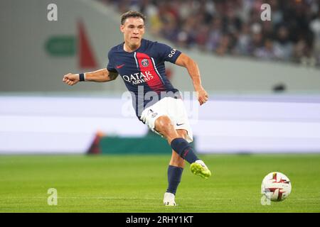 Toulouse, Frankreich. August 2023. Manuel Ugarte aus Paris Saint-Germain spielte während des La-Liga-Spiels zwischen Toulouse FC und Paris Saint-Germain am 19. August 2023 im Stade Toulouse in Toulouse, Spanien. (Foto: BAGU BLANCO PRESSINPHOTO) Credit: PRESSINPHOTO SPORTS AGENCY/Alamy Live News Stockfoto