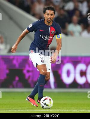 Toulouse, Frankreich. August 2023. Marquinhos aus Paris Saint-Germain spielte während des Spiels La Liga zwischen Toulouse FC und Paris Saint-Germain am 19. August 2023 im Stade Toulouse in Toulouse, Spanien. (Foto: BAGU BLANCO PRESSINPHOTO) Credit: PRESSINPHOTO SPORTS AGENCY/Alamy Live News Stockfoto