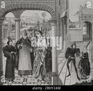 Vertrag von Arras. Abgeschlossen im Oktober 1191 durch die Interposition von William de Champagne (Guillaume de Champagne), Erzbischof von Rheims; zwischen Balduin V., Graf von Hennegau, und Matilda von Portugal (1151–1218), Witwe von Philipp von Elsaß, Graf von Flandern. Sie einigten sich auf das Erbe der Grafschaft Flandern. Kupferstich von Huyot nach einer Miniatur in „Chroniques de Hainaut“, 1446-1448. „Vie Militaire et Religieuse au Moyen Age et à l'Epoque de la Renaissance“. Paris, 1877. Autor: Huyot (19. Jahrhundert). Stockfoto