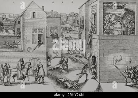 Attentat auf Gaspar de Coligny (1519-1572) durch einen Angriff am 22. August 1572. Es war der Auslöser für das Massaker von St. Bartholomews-Tag in Paris in der Nacht vom 23. Auf den 24. August 1572. Ein Kupferstich aus dem 19. Jahrhundert nach einem deutschen Original, der einen der zusätzlichen Blätter der Sammlung darstellt, der von Jean Tortorel und Jacques Perrissin graviert wurde. Unten links ist der Angriff von Maurevert auf Coligny durch ein Arquebusfeuer aus einem Fenster und sein Tod während des Schlachtens dargestellt. Coligny wurde in seinem Haus von Besme, einem deutschen Offizier von Herzog Henri de Guise, getötet. Er Stockfoto