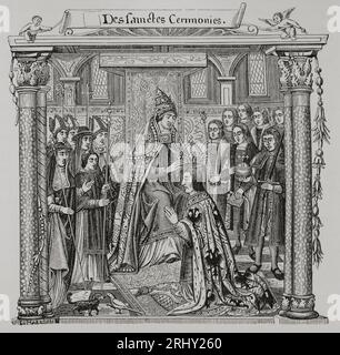 Krönung eines Kaisers durch den Papst. Die Figur von Maximilian I. wird als der gekrönte Kaiser dargestellt. Gravur aus einer Miniatur aus dem 19. Jahrhundert im Manuskript "des Sanctes Ceremonies", 16. Jahrhundert. "Vie Militaire et Religieuse au Moyen Age et à l'Epoque de la Renaissance". Paris, 1877. Stockfoto