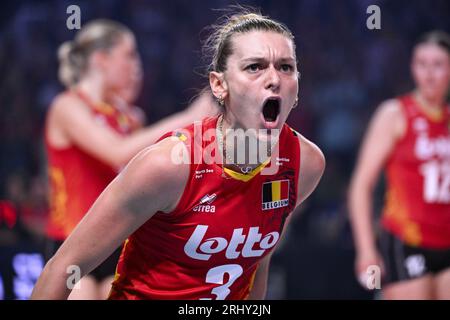 Gent, Belgien. August 2023. Der Belgier Britt Herbots feiert während eines Volleyballspiels zwischen Slowenien und der belgischen Volleyballnationalmannschaft Yellow Tigers in der Gruppenphase der Frauen-Europameisterschaft 2023 am Samstag, den 19. August 2023 in Gent. Die Europameisterschaften der Frauen 2023 finden vom 15. August bis 3. September statt. BELGA PHOTO LAURIE DIEFFEMBACQ Credit: Belga News Agency/Alamy Live News Stockfoto