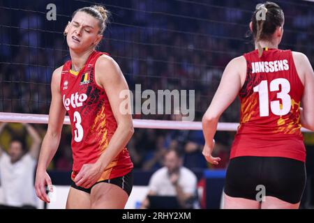 Gent, Belgien. August 2023. Der Belgier Britt Herbots reagiert auf ein Volleyballspiel zwischen Slowenien und der belgischen Volleyballnationalmannschaft Yellow Tigers in der Gruppenphase der Europameisterschaft der Frauen 2023, Samstag, den 19. August 2023 in Gent. Die Europameisterschaften der Frauen 2023 finden vom 15. August bis 3. September statt. BELGA PHOTO LAURIE DIEFFEMBACQ Credit: Belga News Agency/Alamy Live News Stockfoto