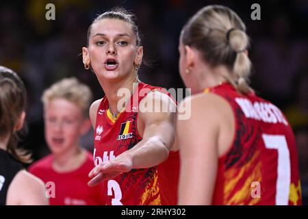 Gent, Belgien. August 2023. Der Belgier Britt Herbots reagiert auf ein Volleyballspiel zwischen Slowenien und der belgischen Volleyballnationalmannschaft Yellow Tigers in der Gruppenphase der Europameisterschaft der Frauen 2023, Samstag, den 19. August 2023 in Gent. Die Europameisterschaften der Frauen 2023 finden vom 15. August bis 3. September statt. BELGA PHOTO LAURIE DIEFFEMBACQ Credit: Belga News Agency/Alamy Live News Stockfoto