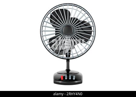 Schwarzer Tischventilator, 3D-Rendering isoliert auf weißem Hintergrund Stockfoto