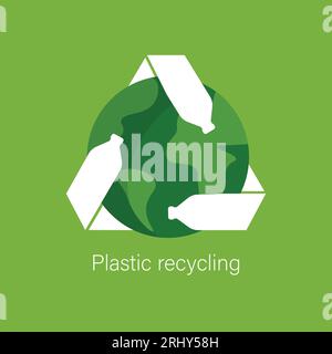 Recycling-Logo aus Kunststoffflaschen. Recycling-Symbol mit Erde. Denken Sie grün. Vektorillustration isoliert. Stock Vektor