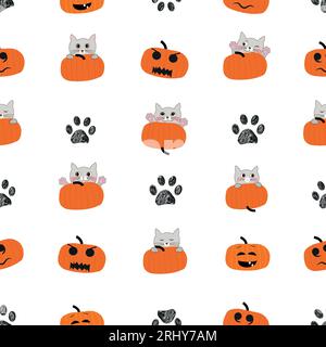Katzen und lustiger Kürbis. Happy Halloween Karte. Nahtloses Stoffdesign Stock Vektor