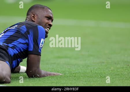 Mailand, Italien. August 2023. Marcus Thuram vom FC Internazionale reagiert während des Spiels der Serie A in Giuseppe Meazza, Mailand. Auf dem Bild sollte stehen: Jonathan Moscrop/Sportimage Credit: Sportimage Ltd/Alamy Live News Stockfoto