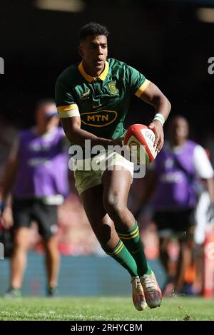 Cardiff, Großbritannien. August 2023. Canan Moodie aus Südafrika in Aktion. Vodafone Summer Series 2023 Match, Wales gegen Südafrika im Principality Stadium in Cardiff am Samstag, den 19. August 2023. pic by Andrew Orchard/Andrew Orchard Sports Photography/Alamy Live News Credit: Andrew Orchard Sports Photography/Alamy Live News Stockfoto