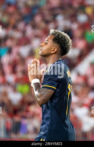 Almeria, Spanien. August 2023. Rodrygo wird während des Spiels der LaLiga EA Sports 2023/2024 zwischen UD Almeria und Real Madrid im Power Horse Stadium gesehen. Endnote: UD Almeria 1:3 Real Madrid Credit: SOPA Images Limited/Alamy Live News Stockfoto