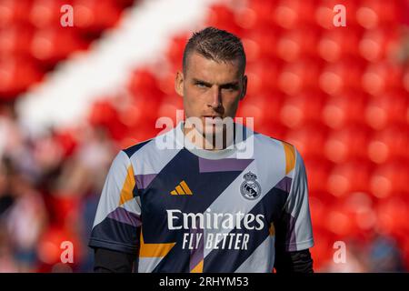 Almeria, Spanien. August 2023. Andriy Lunin, der während des Spiels der LaLiga EA Sports 2023/2024 zwischen UD Almeria und Real Madrid im Power Horse Stadium zu sehen war. Endstand: UD Almeria 1:3 Real Madrid (Foto: Francis Gonzalez/SOPA Images/SIPA USA) Credit: SIPA USA/Alamy Live News Stockfoto
