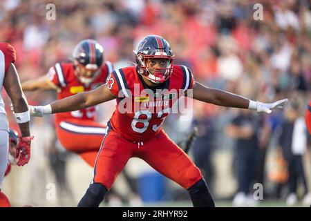 Ottawa, Kanada. August 2023. R?gis Cibasu (83) der Montreal Alouettes spielt in der regulären Saison der Canadian Football League (CFL) zwischen den Montreal Alouettes in den Ottawa Redblacks. Die Montreal Alouettes gewannen das Spiel mit 25:24. 2023 Copyright Sean Burges / Mundo Sport Images / Alamy Live News Stockfoto