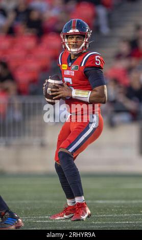 Ottawa, Kanada. August 2023. Caleb Evans (5) der Montreal Alouettes spielt in der regulären Saison der Canadian Football League (CFL) zwischen den Montreal Alouettes in den Ottawa Redblacks. Die Montreal Alouettes gewannen das Spiel mit 25:24. 2023 Copyright Sean Burges / Mundo Sport Images / Alamy Live News Stockfoto