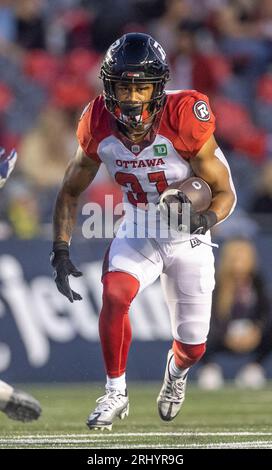 Ottawa, Kanada. August 2023. Devonte Williams (31) von den Ottawa Redblacks spielt in der Regular Season Canadian Football League (CFL) zwischen den Montreal Alouettes bei den Ottawa Redblacks. Die Montreal Alouettes gewannen das Spiel mit 25:24. 2023 Copyright Sean Burges / Mundo Sport Images / Alamy Live News Stockfoto