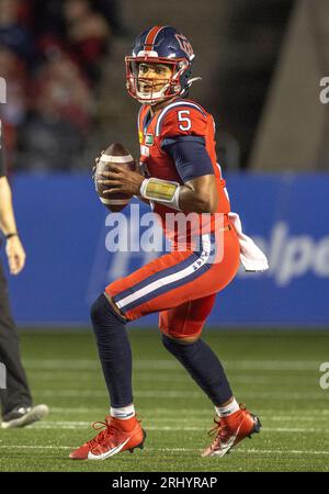 Ottawa, Kanada. August 2023. Caleb Evans (5) der Montreal Alouettes spielt in der regulären Saison der Canadian Football League (CFL) zwischen den Montreal Alouettes in den Ottawa Redblacks. Die Montreal Alouettes gewannen das Spiel mit 25:24. 2023 Copyright Sean Burges / Mundo Sport Images / Alamy Live News Stockfoto