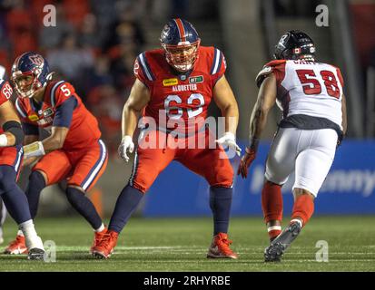 Ottawa, Kanada. August 2023. Nick Callender (62) von den Montreal Alouettes spielt in der Regular Season Canadian Football League (CFL) zwischen den Montreal Alouettes in den Ottawa Redblacks. Die Montreal Alouettes gewannen das Spiel mit 25:24. 2023 Copyright Sean Burges / Mundo Sport Images / Alamy Live News Stockfoto